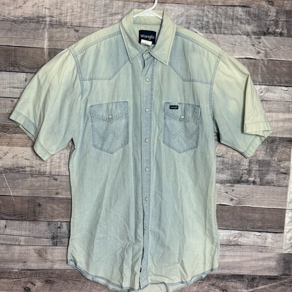 Wrangler Pearl Snap Western Shirt Mens Medium Blue Chambray Cowboy Lightweight